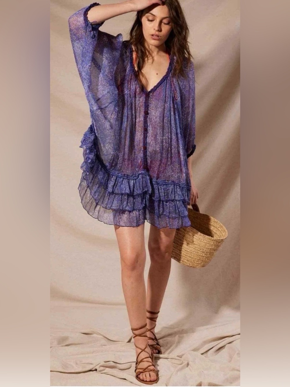 Poupette St. Barth 100% Silk Chiffon Purple Fairy Dress Beach Swim Cover $550